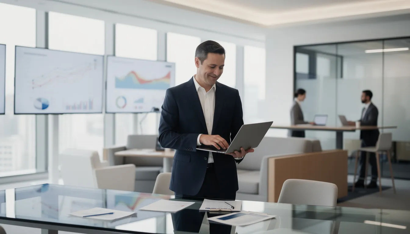 A confident business owner in a tailored suit stands in a modern office with glass walls and digital screens, reviewing documents with a satisfied expression. The sleek environment suggests success in securing business financing, highlighting themes of growth and stability for small businesses.