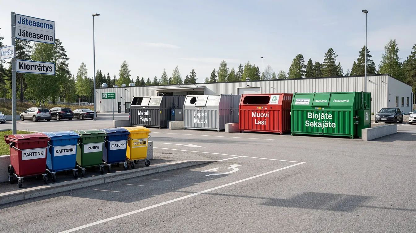 Jäteaseman kierrätysalue, jossa on lajitteluastioita ja kontteja.