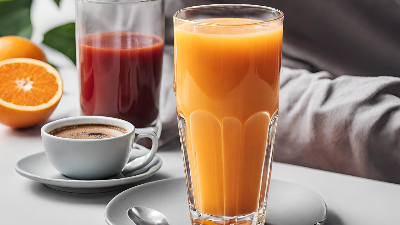 A cup of coffee next to a glass of fresh juice, addressing the question: Can you drink coffee while juicing?