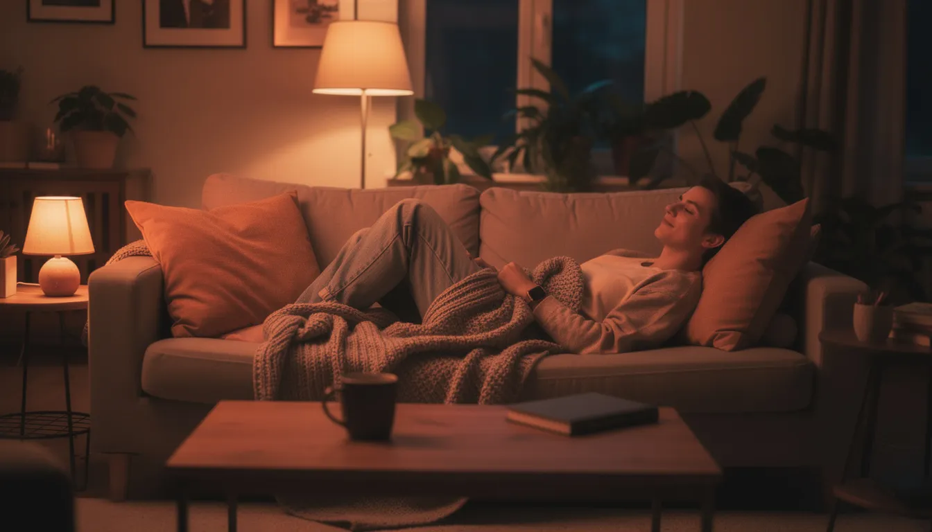 Eine Person sitzt entspannt in einem gemütlichen Wohnzimmer, das in sanftem Licht beleuchtet ist. Auf einem Tisch in der Nähe steht ein Loom DNT 9 Vape, das für ein angenehmes Dampferlebnis sorgt, während die Atmosphäre Ruhe und Entspannung ausstrahlt.