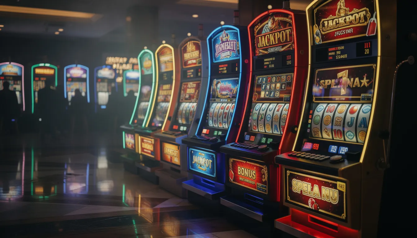 En rad av färgglada spelautomater visar upp olika teman och symboler, vilket skapar en livlig atmosfär på ett casino. Hos Betsson kan spelare utforska detta utbud av slots och njuta av spänningen i varje snurr.