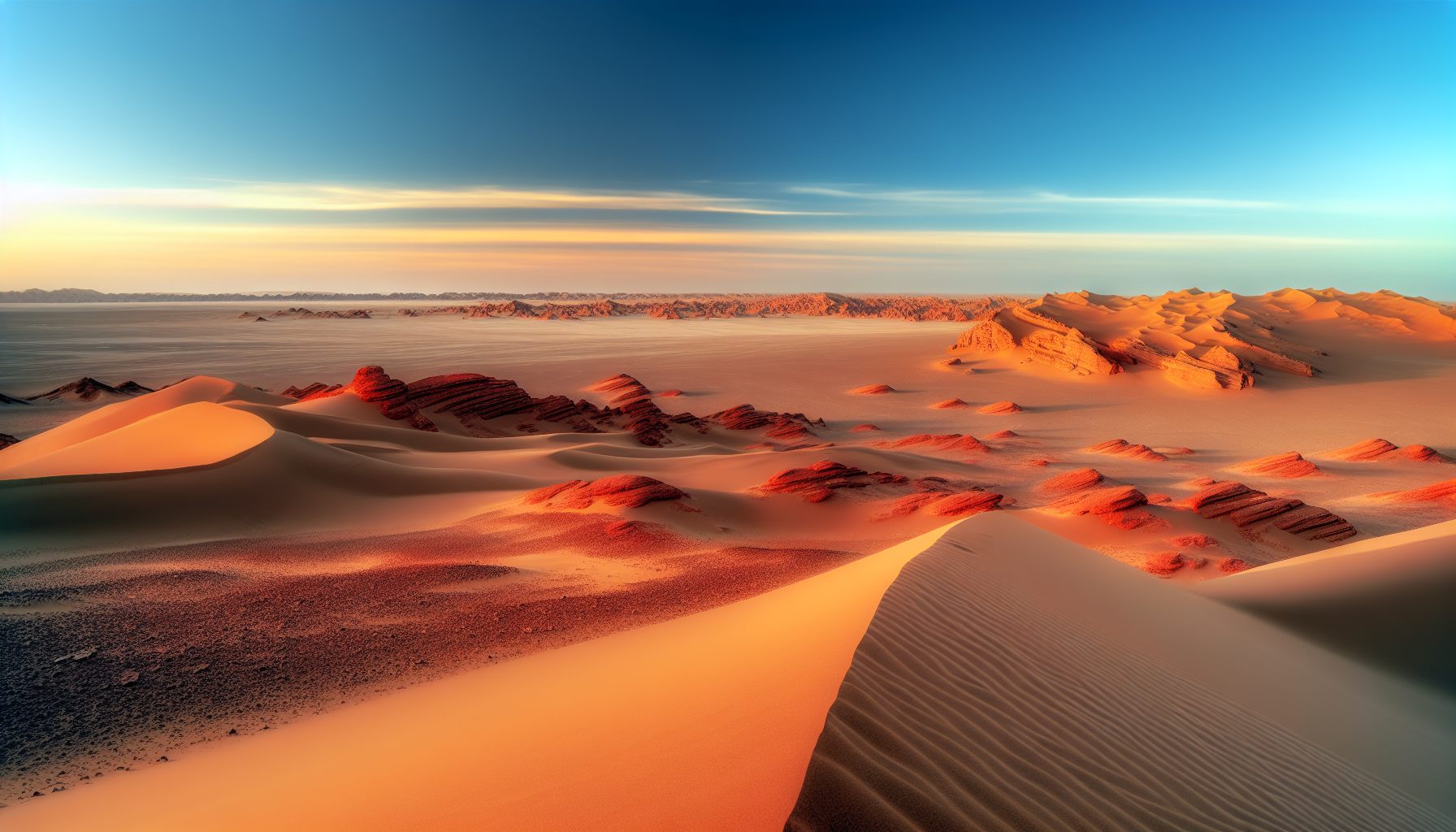 Wanderdünen und rote Sandsteinformationen in der Wüste Gobi