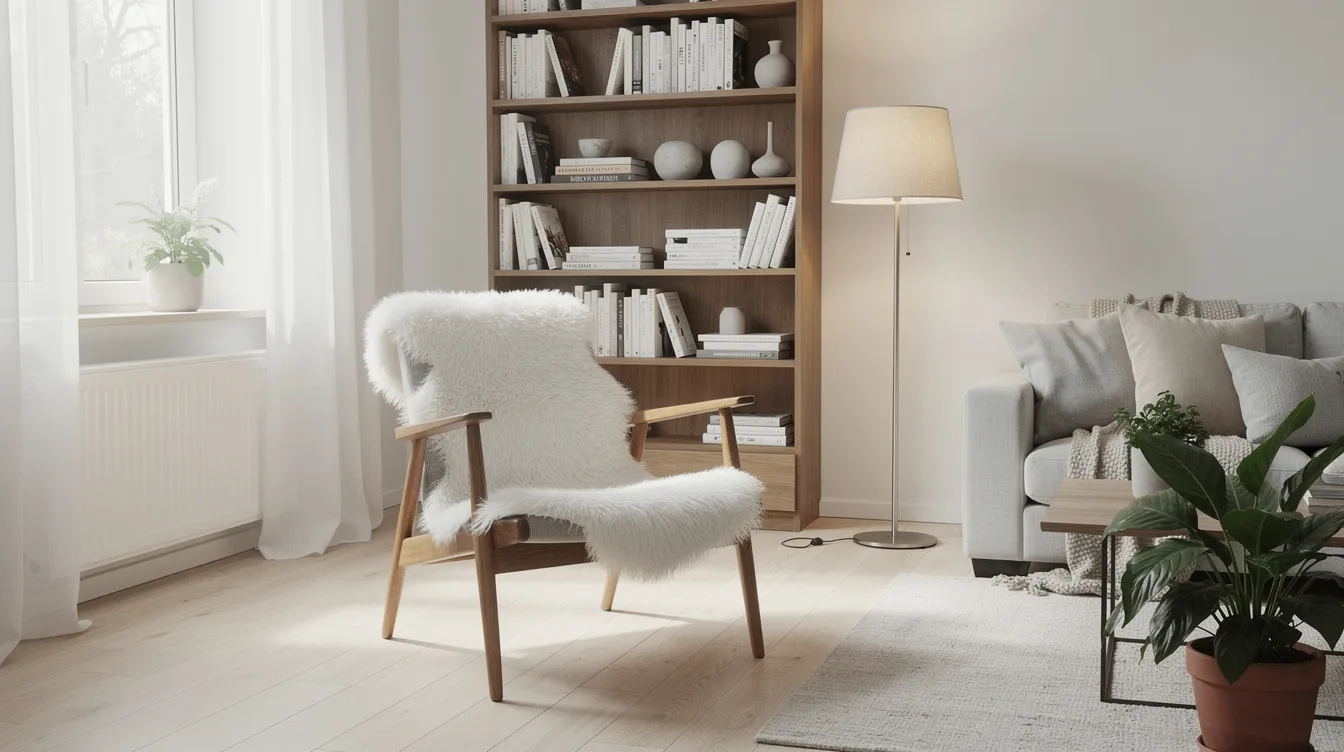 Ett ljust skandinaviskt vardagsrum med en träfåtölj designad av Bruno Mathsson, som står på ett mjukt fårskinn. Bredvid finns en klassisk golvlampa och en bokhylla som rymmer flera kända svenska klassiker.