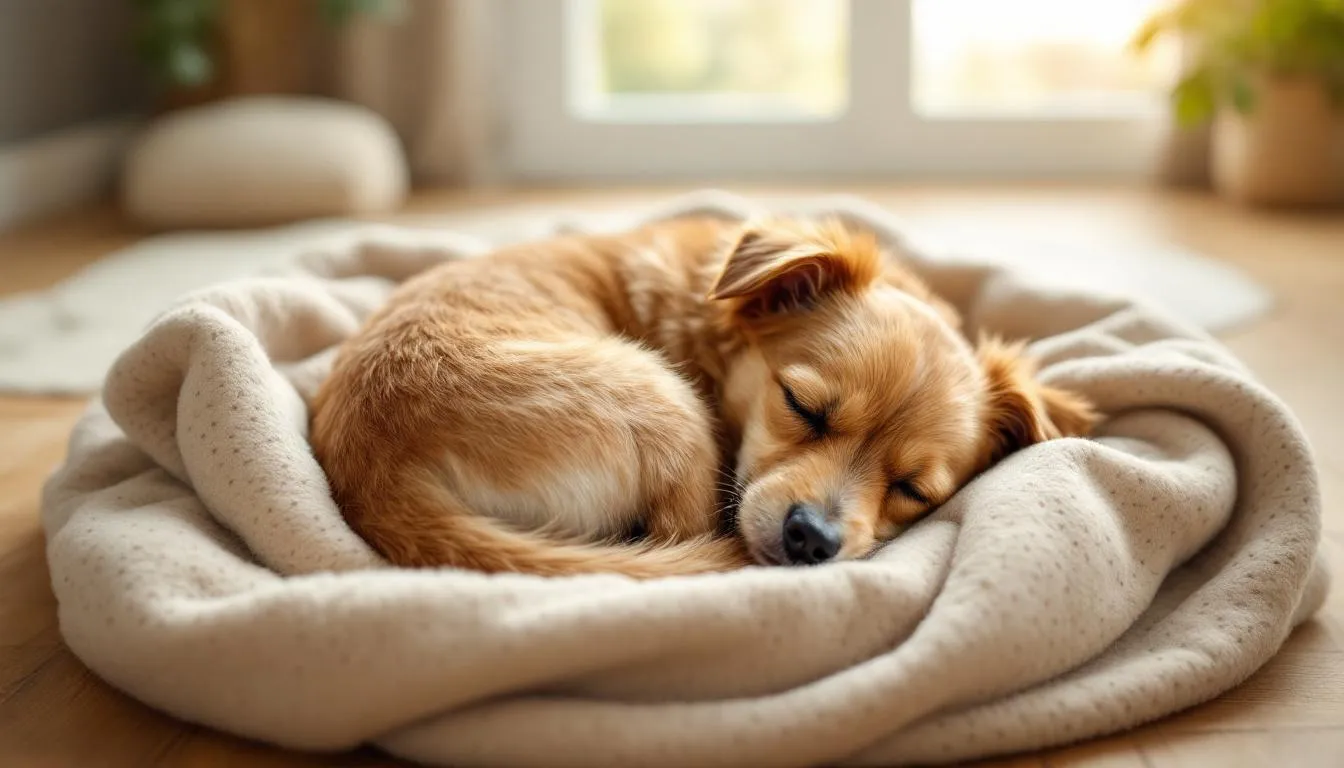 A small brown terrier sleeps curled up in a perfect circle on a cozy blanket, showcasing its comfortable sleeping position with limbs tucked close. This common dog sleeping position, often referred to as the 