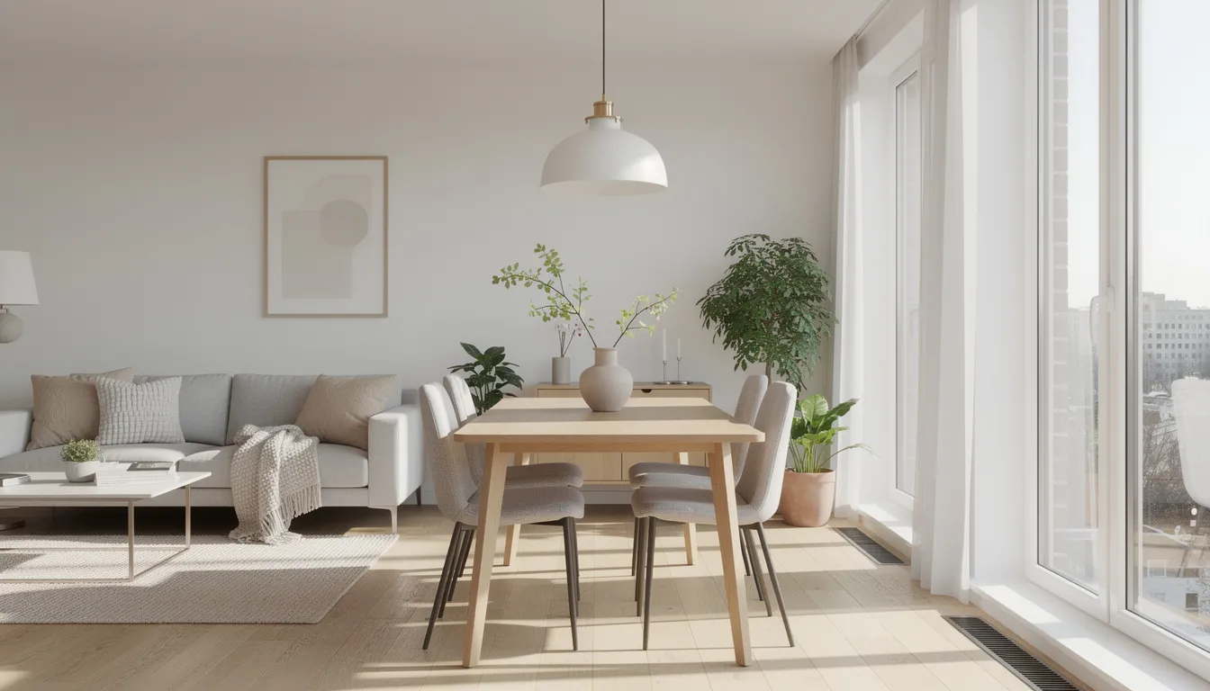 Ett skandinaviskt vardagsrum med en modern designlampa som hänger över ett träbord, där naturligt dagsljus strömmar in genom stora fönster. Rummet har en stilren och funktionell inredning som skapar en välkomnande atmosfär.