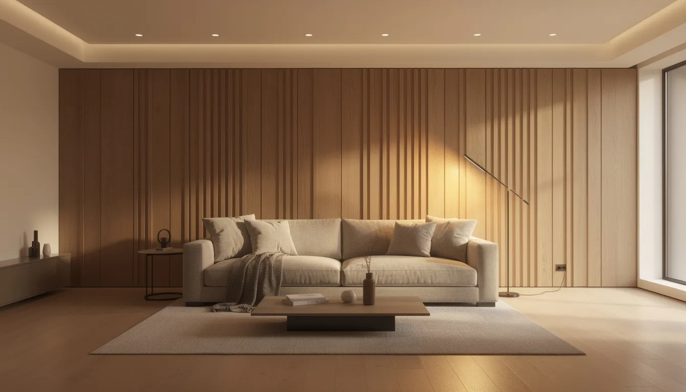 Een moderne woonkamer met houten wandpanelen in rustiek eiken achter een comfortabele bank, verlicht door warme sfeerverlichting. De combinatie van de natuurlijke schoonheid van de wandbekleding en de stijlvolle afwerking creëert een uitnodigende en elegante sfeer.