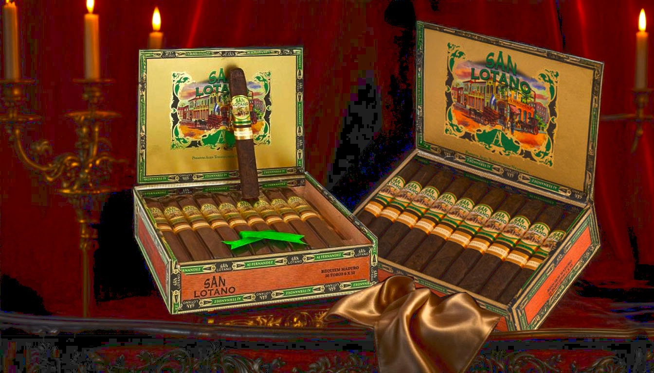 An assortment of San Lotano Requiem Maduro cigars displayed elegantly.