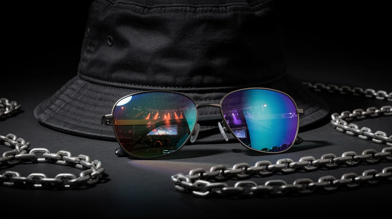 Die Nahaufnahme zeigt Festival-Accessoires, darunter eine verspiegelte Sonnenbrille, einen schwarzen Bucket Hat und Ketten, die auf einem dunklen Untergrund arrangiert sind. Diese Elemente ergänzen perfekt jedes techno Outfit und verleihen dem Rave-Look eine besondere Note.