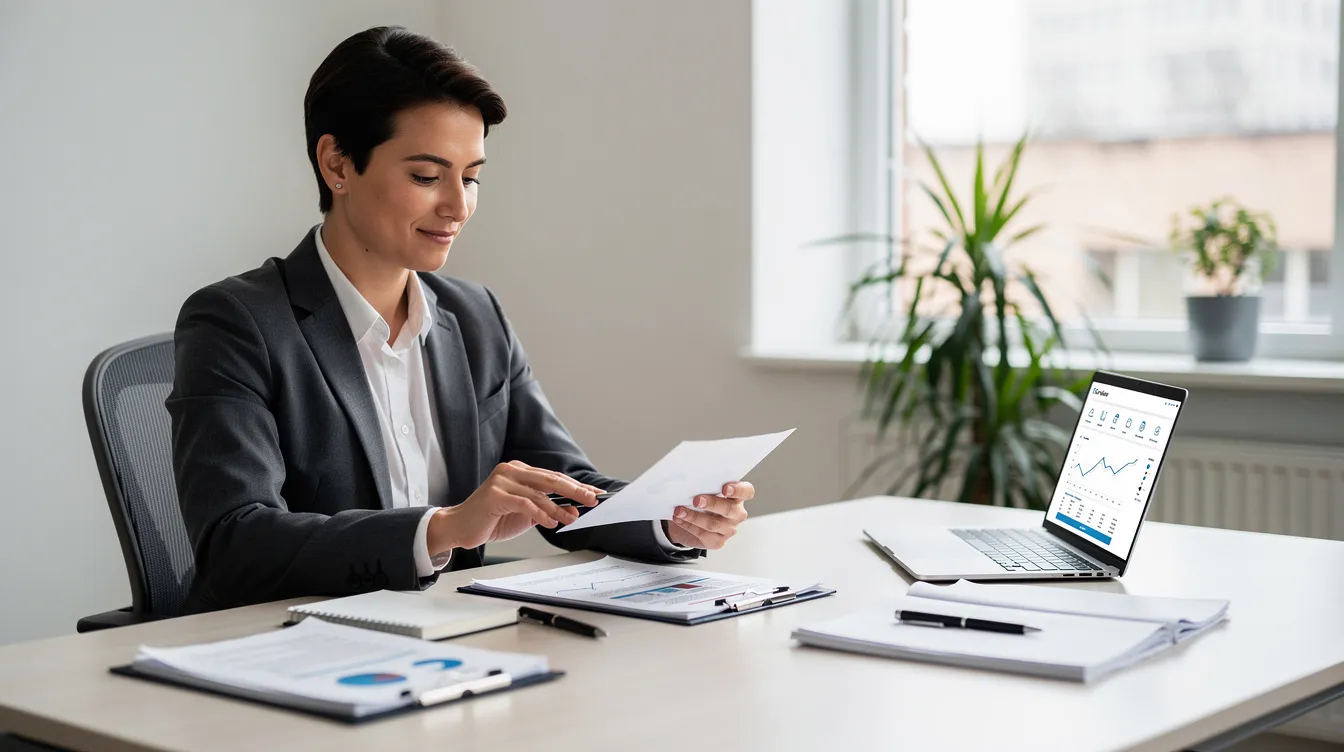 A professional individual in business attire is calmly reviewing paperwork at a tidy office desk, with an open laptop, reflecting a focused work environment typical of 公務員 的 roles in 香港 特別 行政區.