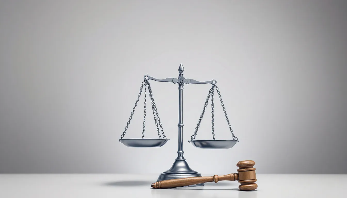 Een hamer en een justitie weegschaal staan centraal in de afbeelding, symboliserend de rechtvaardigheid en de toepassing van het strafrecht. Deze iconen verwijzen naar belangrijke concepten zoals strafbare feiten en wettelijke rechtvaardigingsgronden binnen het juridische systeem.