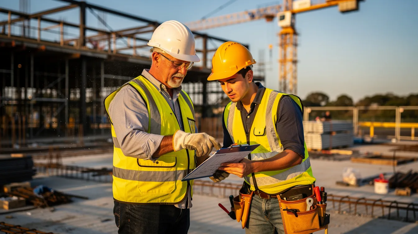An experienced construction worker guides a younger crew member on a job site, discussing essential aspects of risk management and project success. This mentorship emphasizes the importance of knowledge transfer and effective communication in the construction industry.
