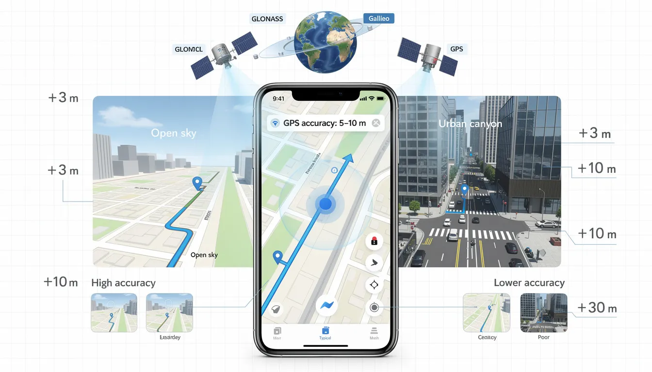 The image illustrates the concept of GPS accuracy, highlighting how GPS signals from multiple satellites work together to provide accurate location data. It emphasizes factors that affect GPS accuracy, such as atmospheric conditions and signal blockage in urban areas, showcasing the importance of GPS technology in our daily lives.