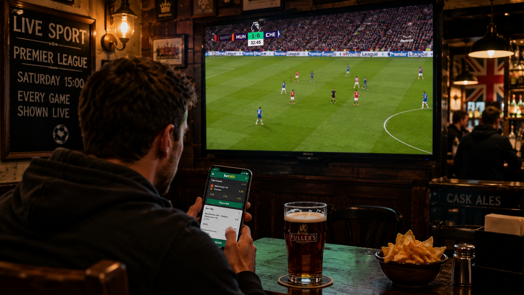 Person som följer en Premier League-match på en engelsk pub samtidigt som ett spel placeras via mobilen.
