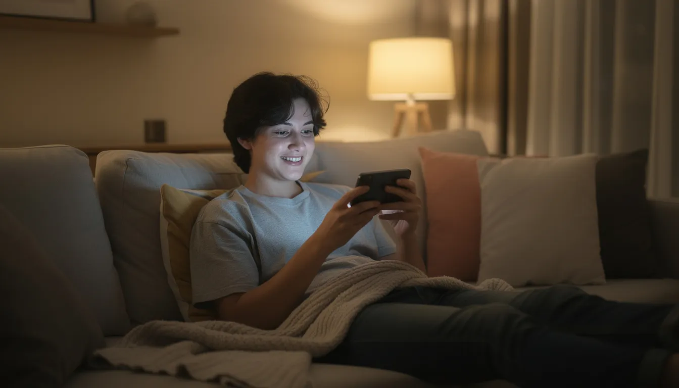 En person sitter avslappnat i en mysig miljö och använder sin smartphone för underhållning, kanske för att spela på ett online casino som Otto Casino. Det är en lugn stund där de kan njuta av olika spel och bonusar, som free spins eller en bonus utan insättning.