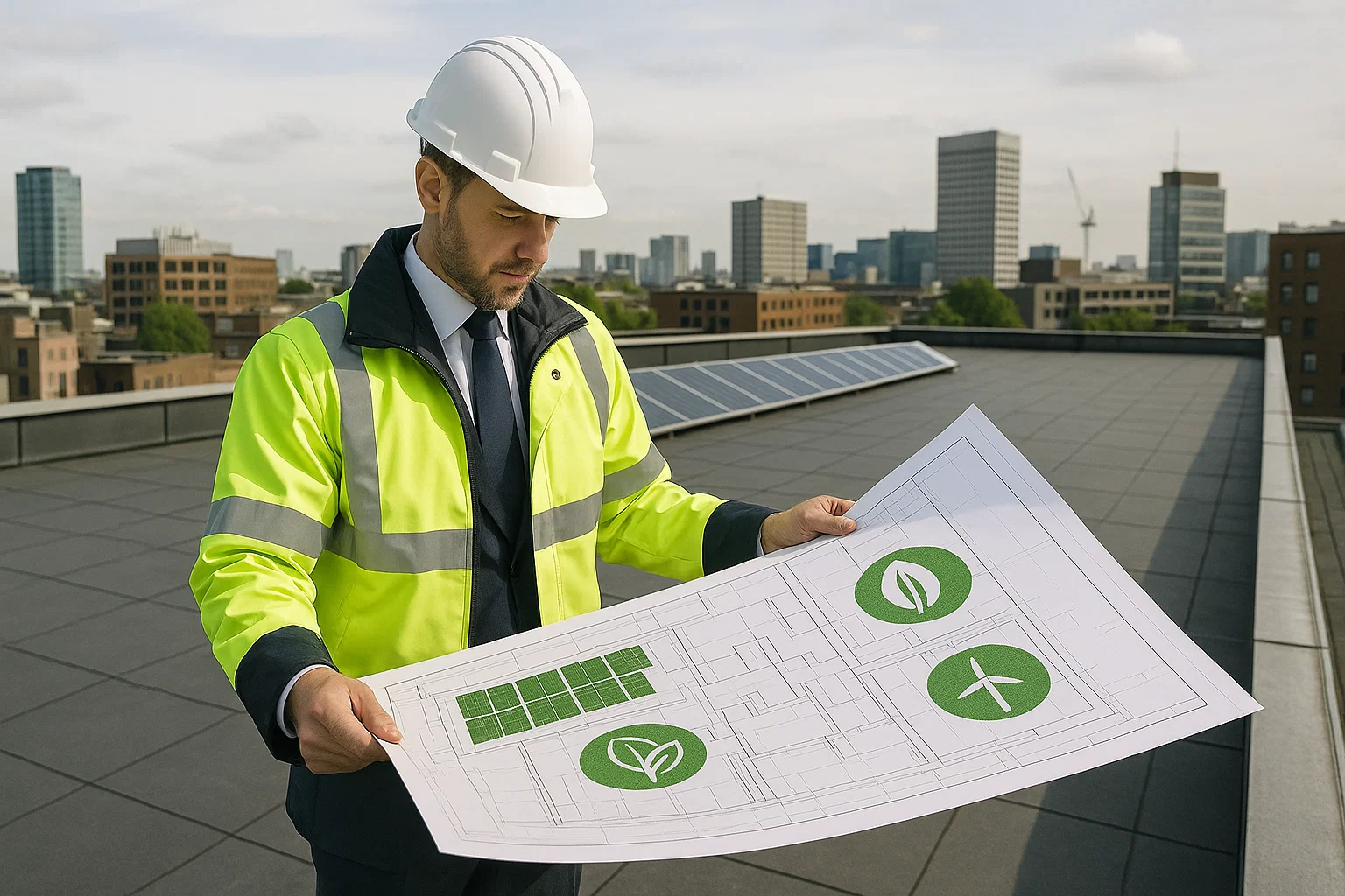 Construction professional inspecting a flat roof design with sustainability features while overlooking city buildings.