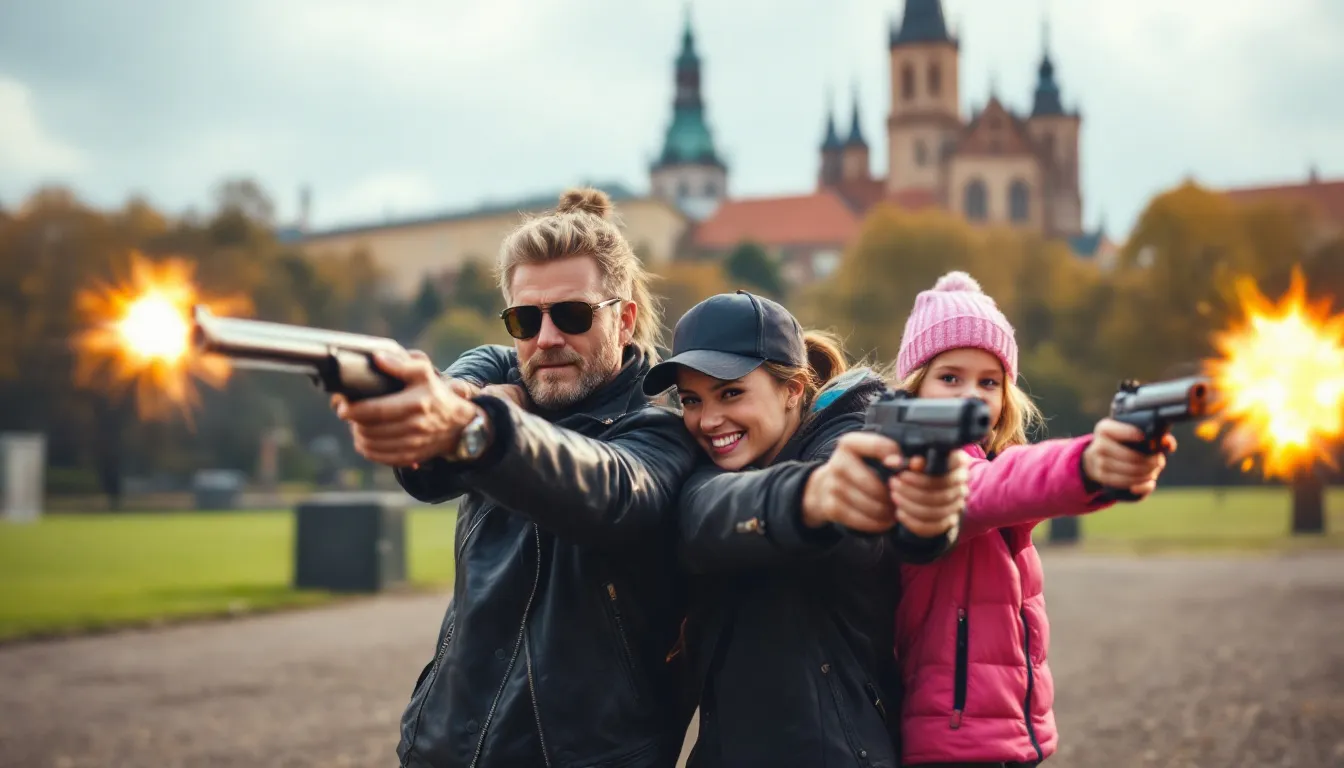 En familie nyder en rekreativ skydeoplevelse ved Krakows skydeterræn.