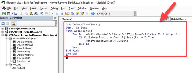 VBA code for deleting blank rows in Excel 
