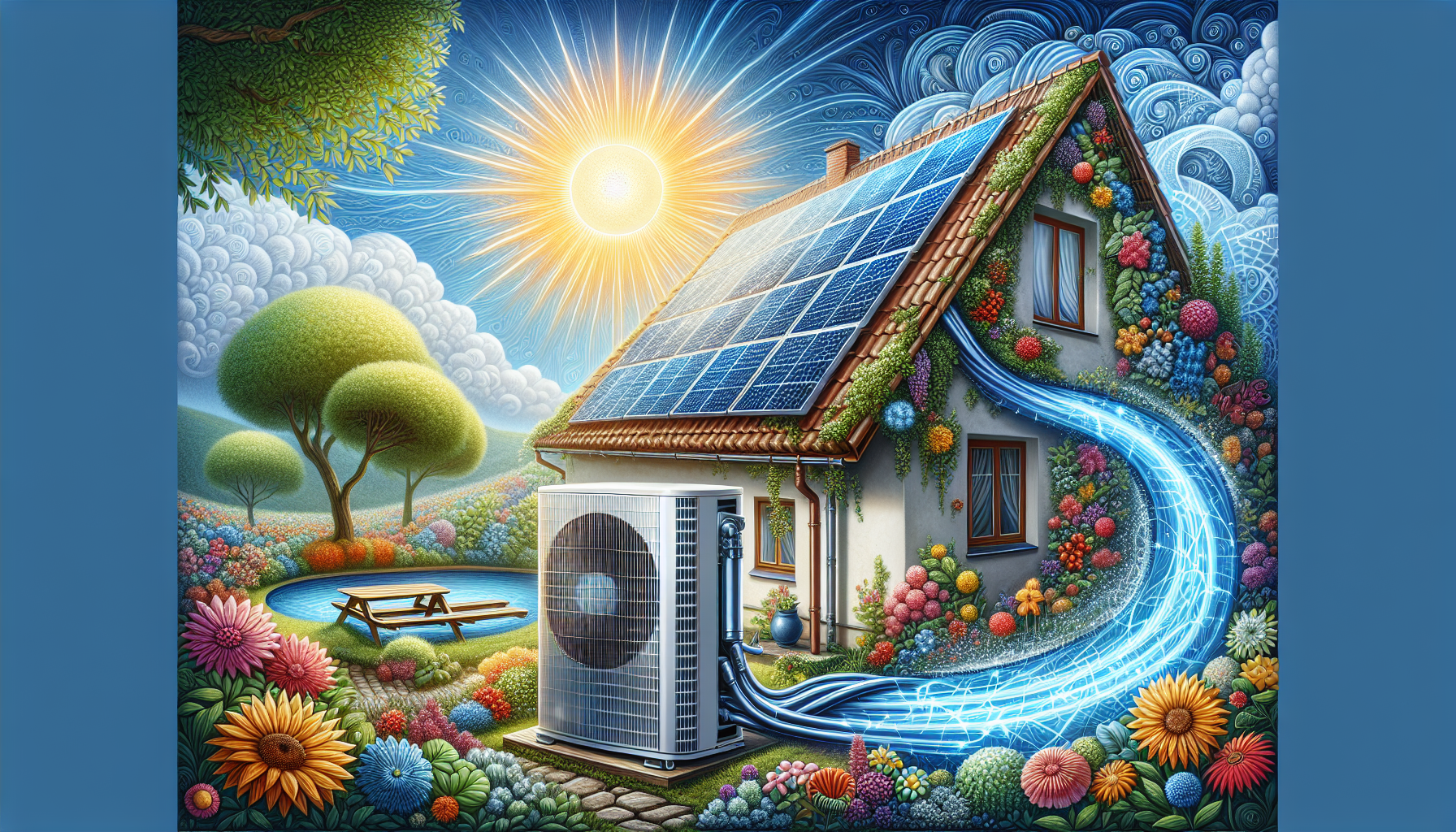 A visual representation of solar power compatibility with a heat pump system.