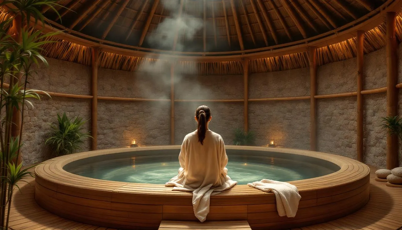 The image depicts a serene Ayurvedic sauna setting, showcasing an infrared sauna designed to promote relaxation and detoxification through sweat therapy. The warm, moist heat aids in improving blood circulation and alleviating muscle tension, making it an extremely beneficial practice for enhancing physical health and balancing the body's doshas.