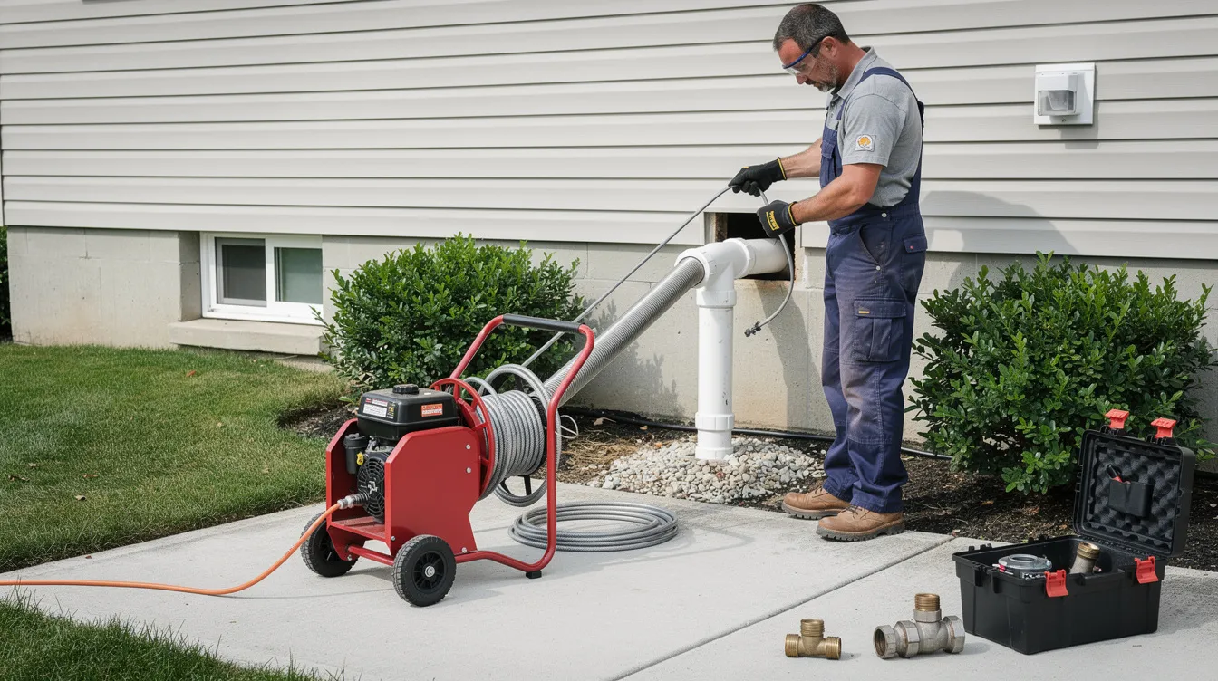 A plumber is operating a powered cable drain machine near the exterior cleanout of a residential home, addressing a clogged drain issue. The scene showcases the use of professional drain cleaning equipment to restore proper flow in the plumbing system.