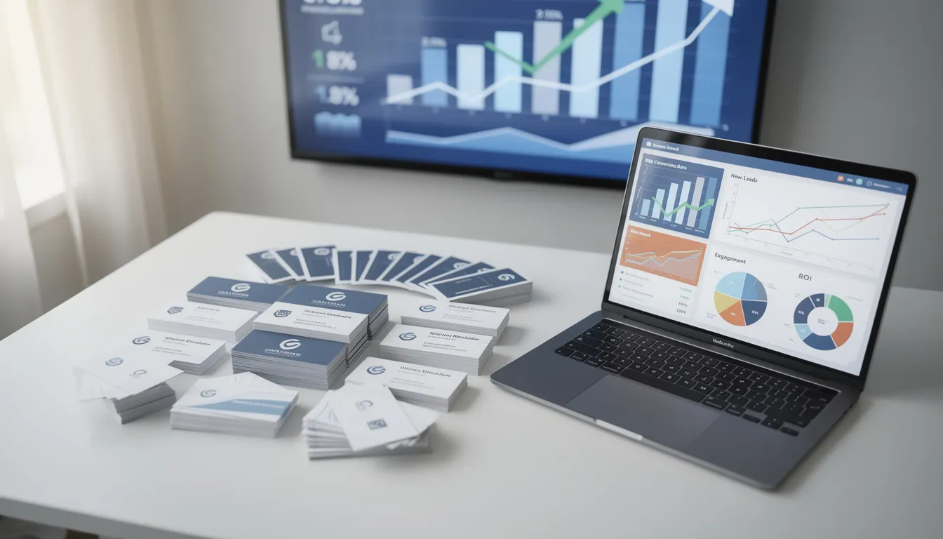 The image displays a collection of professional business cards organized neatly, accompanied by analytics charts that illustrate success metrics related to their impact on potential clients. The vibrant colors and creative designs of the cards suggest a focus on making a lasting impression and enhancing brand personality in the digital world.