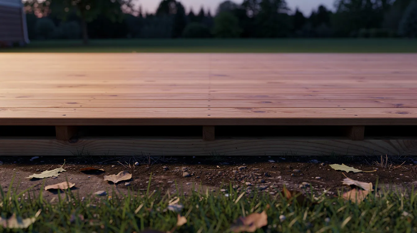 The image shows a wooden backyard deck at dusk, with a visible gap at the bottom edge that could serve as a potential den entrance for wildlife like skunks. In the background, a grassy yard is visible, highlighting the importance of a thorough inspection to prevent skunks from living underneath your deck or shed.