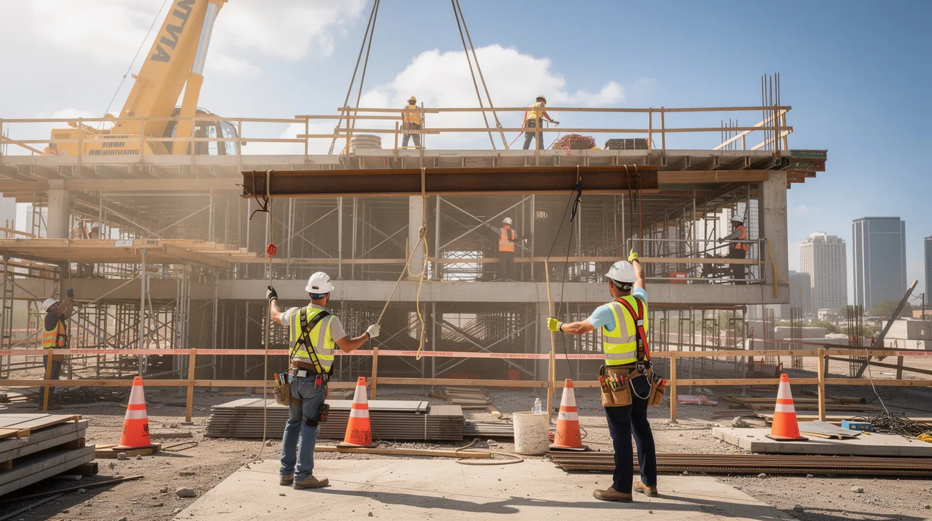 The image shows construction workers on a commercial building site, all wearing safety helmets and gear to protect themselves while performing their job duties. This scene highlights the importance of workplace safety, particularly in the context of workers compensation and the potential for workplace injuries.