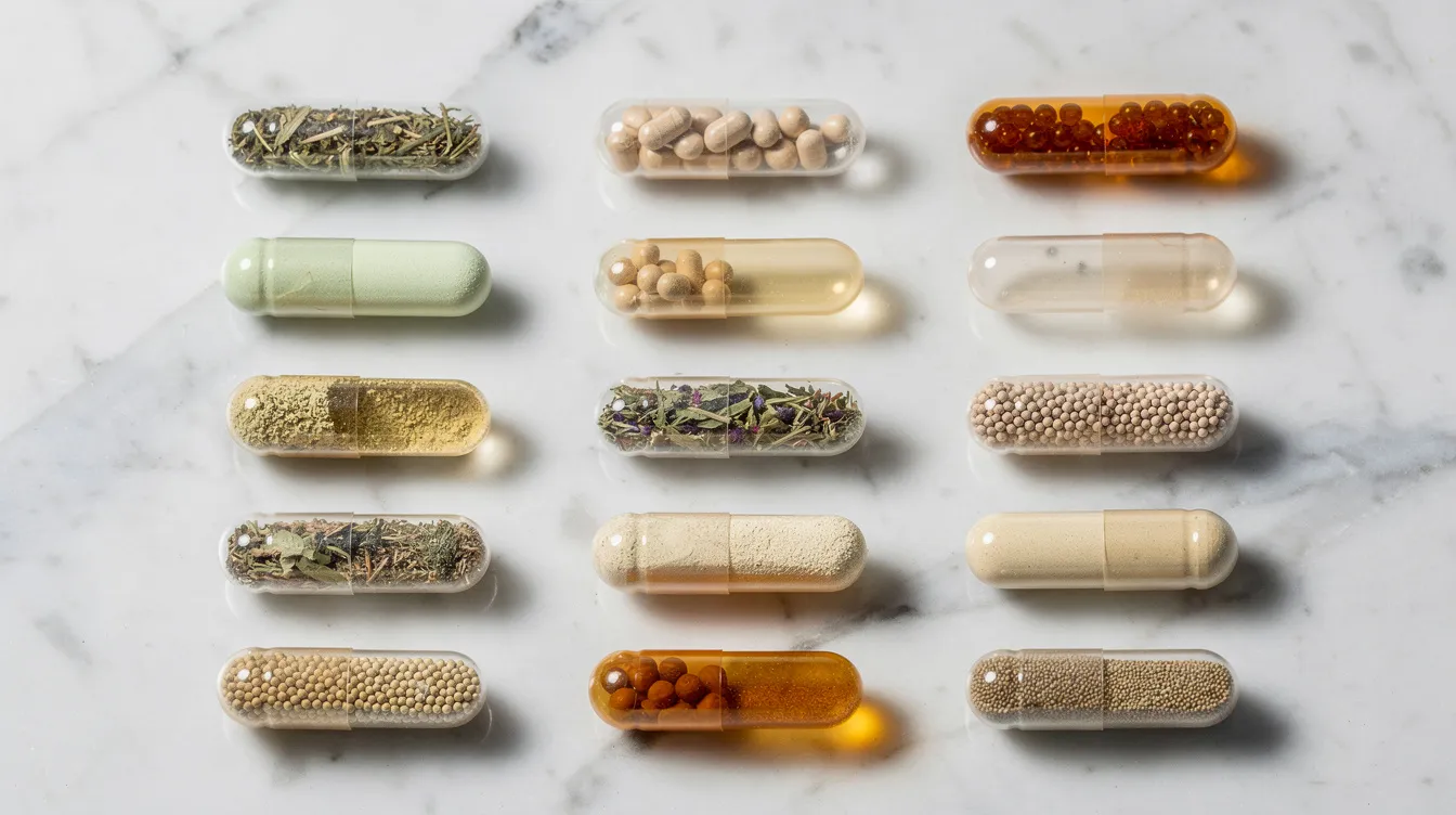 The image shows a variety of herbal supplement capsules, including those for male enhancement, arranged neatly on a white marble surface. These capsules are designed to promote male sexual health and may include ingredients like horny goat weed and ginkgo biloba to potentially improve blood flow and enhance sexual performance.