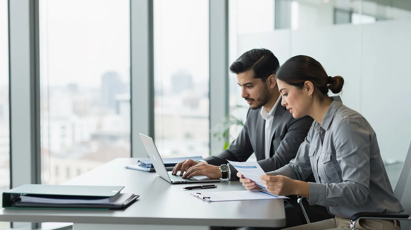 A loan officer is seated at a modern office desk, reviewing borrower documentation on a laptop while engaging with a borrower. This scene highlights the critical role of human loan officers in the mortgage industry, emphasizing the importance of personal interaction and human insight in the loan process amidst the rise of AI tools and automation in mortgage lending.