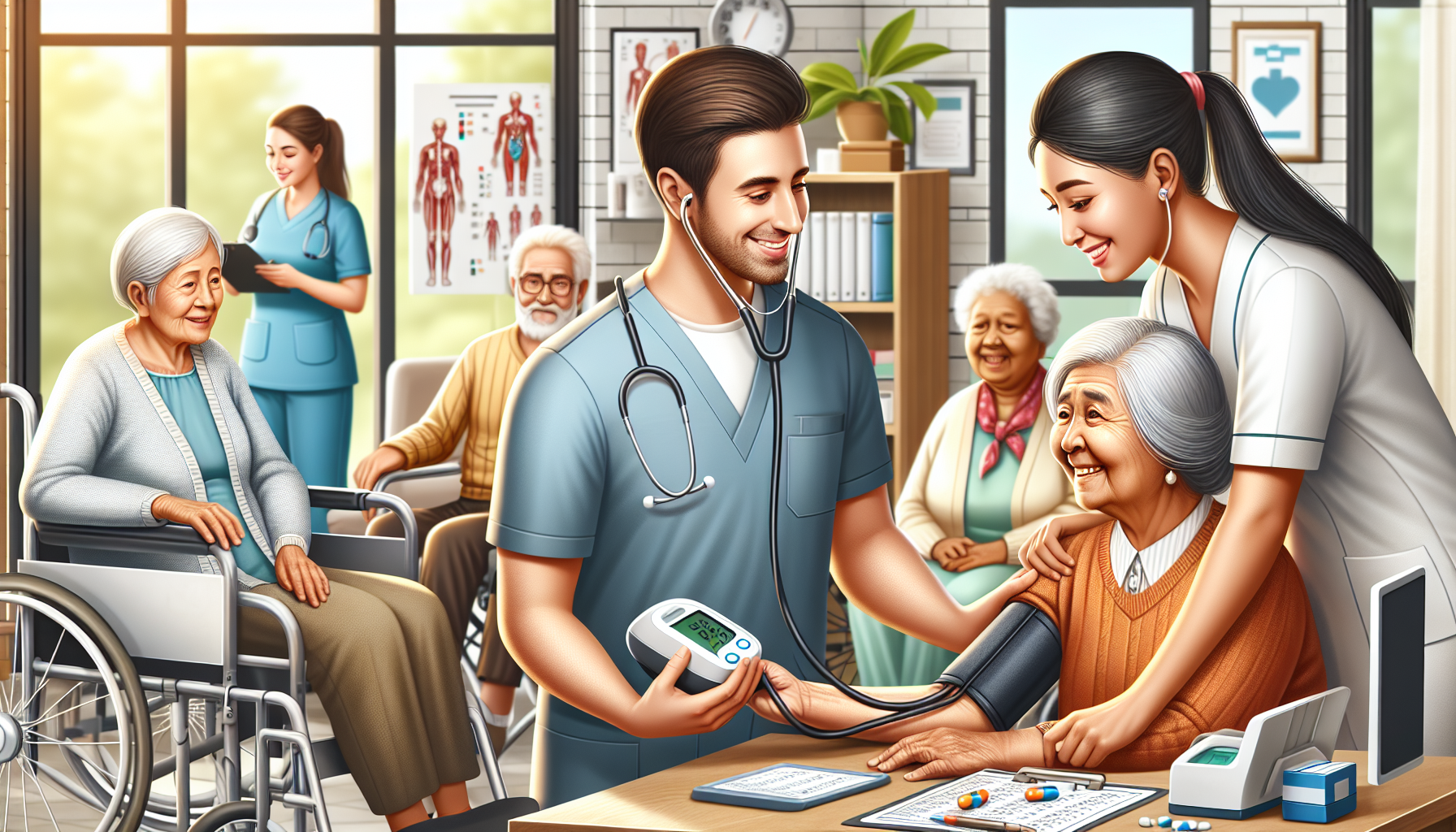 An illustration depicting medical services available in nursing homes.