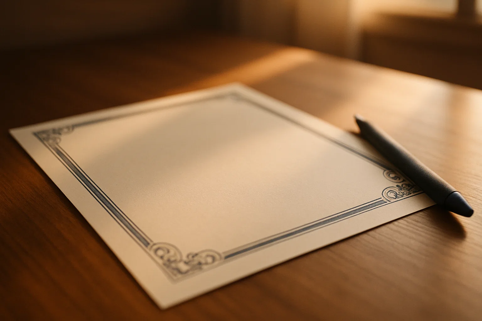 A blank certificate-style document on a desk with a pen beside it.