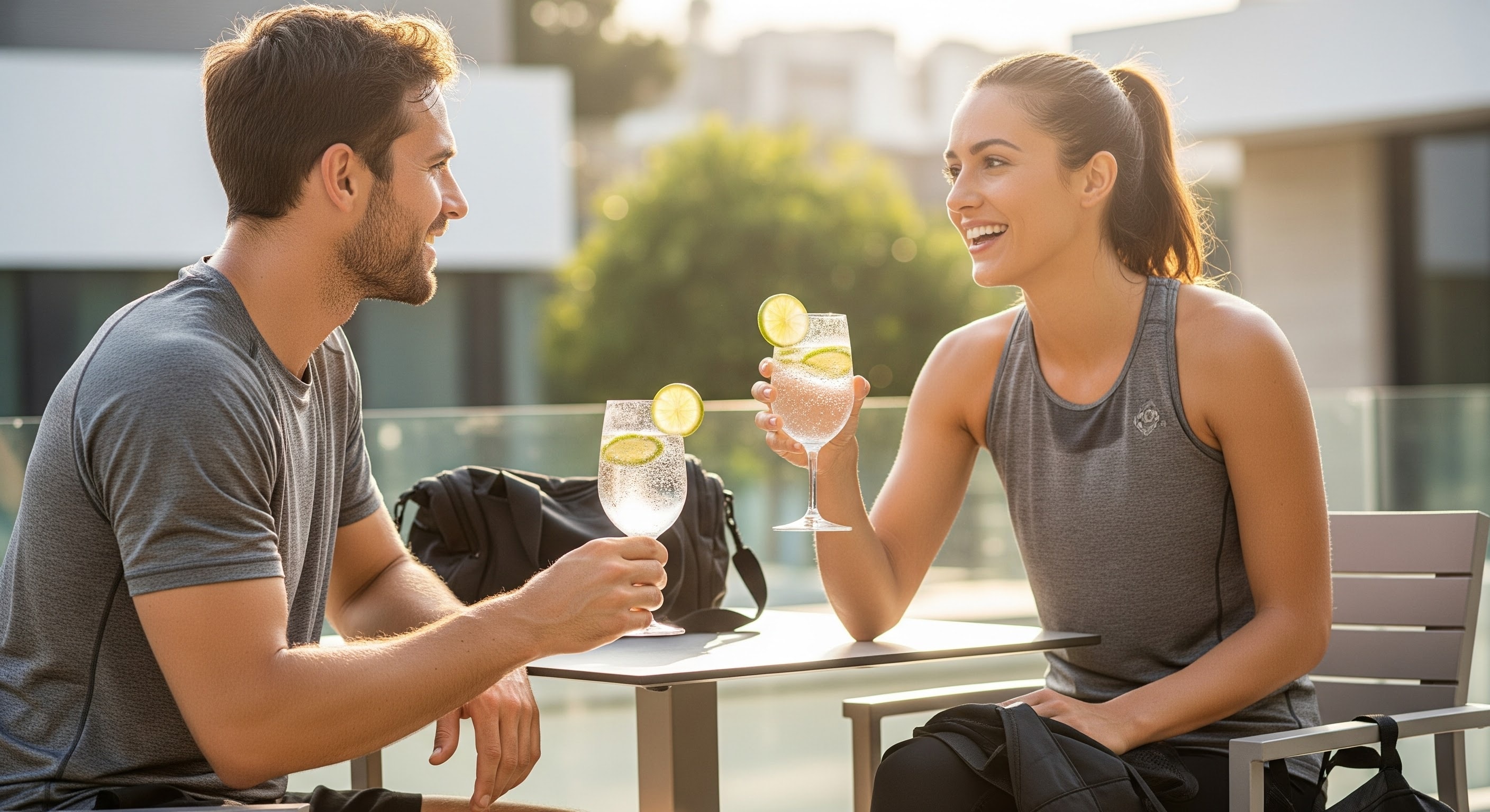 fit couple enjoying low-calorie sparkling drinks post-workout, wellness lifestyle, bright natural light