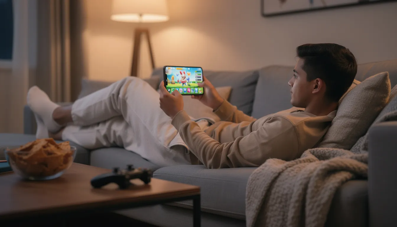 En person sitter avslappnat på en soffa och spelar mobilspel på sin smartphone. I bakgrunden kan man ana en mysig hemmamiljö, och kanske är det en populär slot som "Book of Dead" som fångar deras uppmärksamhet.