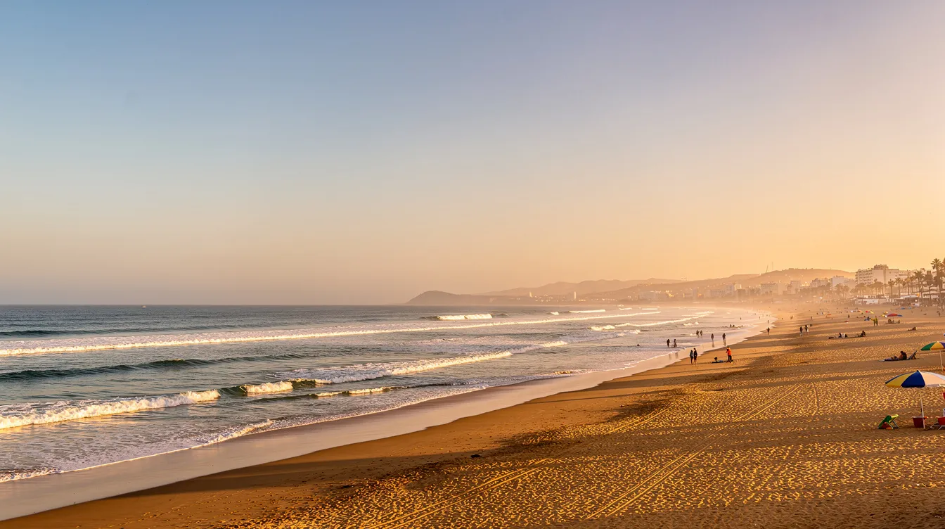 A panoramic view of Agadir beach showcases its golden sand and calm Atlantic waves under clear skies, inviting visitors to enjoy the pleasant climate and warm sea temperatures year-round. This picturesque scene highlights Agadir as a prime destination for water sports and relaxation, especially during the summer months when the beach is at its best.