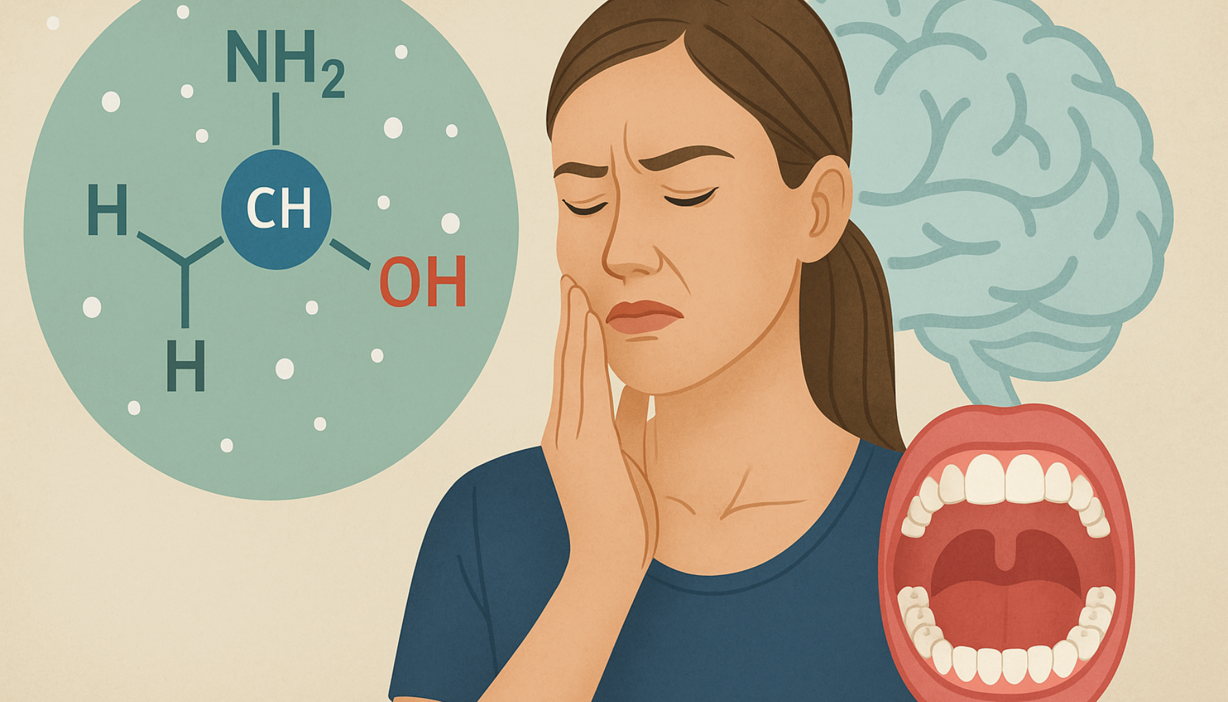 Illustrasjon viser sammenheng mellom GABA, stress og tannhelse med hjerne, tenner og rolig balanse.