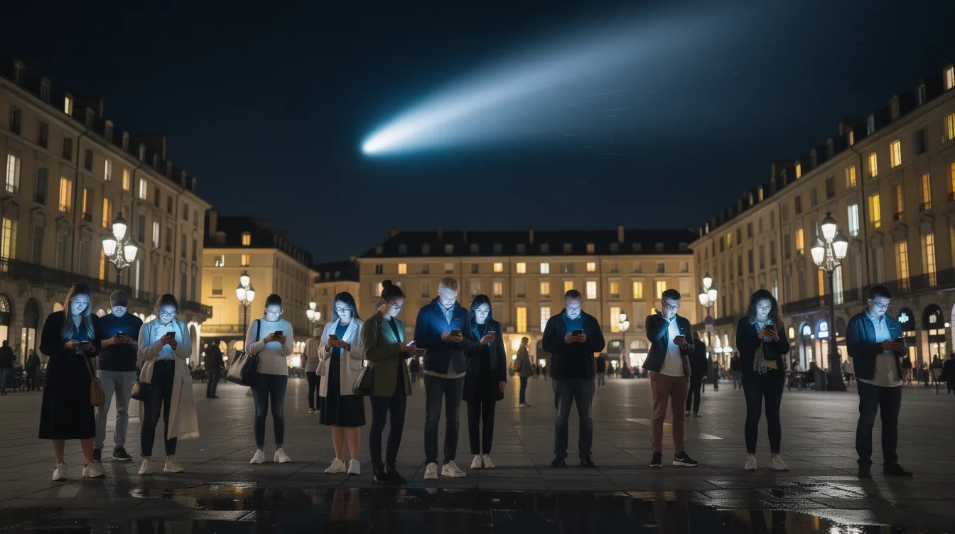 Eine Gruppe von Menschen steht auf einem Platz und schaut gebannt auf ihre Smartphones, während über ihnen ein leuchtender Komet mit langem Schweif am dunklen Nachthimmel sichtbar wird. Diese Szene erinnert an das Thema des Netflix-Films "Don't Look Up", in dem die Menschheit vor einer drohenden Katastrophe steht.