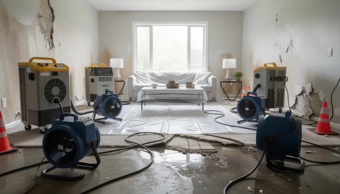 The image depicts industrial dehumidifiers and air movers actively working in a water-damaged living room, highlighting the restoration efforts needed after storm damage. This scene emphasizes the importance of holistic restoration services in Atlanta, providing hope and support to under-resourced families affected by disaster.