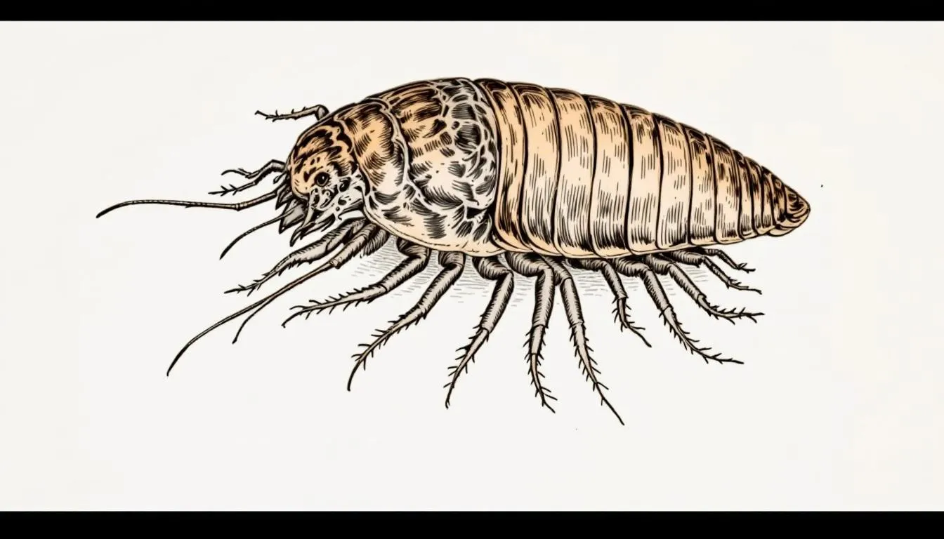 A detailed image of an adult woodlouse, showcasing its flattened body and multiple pairs of legs.