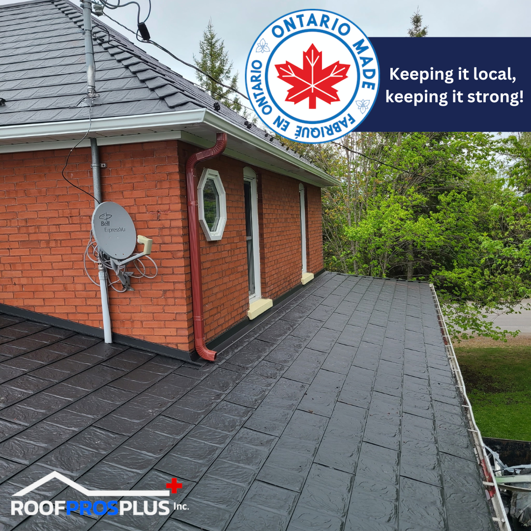 A picture of a red brick house with a black metal roof featuring a satellite dish. Ontario Made logo and "Keeping it local, keeping it strong!" text overlay on the top right corner of the picture. Lush green trees are in the background.