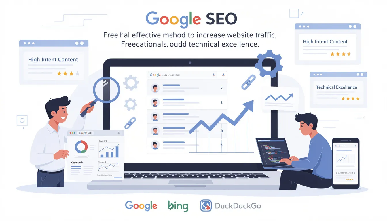 An informative graphic illustrating the concept of Google SEO, highlighting the importance of search engine optimization for increasing website traffic and visibility in search results. It emphasizes key elements such as keyword research, quality content, and user-friendly design that contribute to higher search engine rankings and effective SEO strategies.