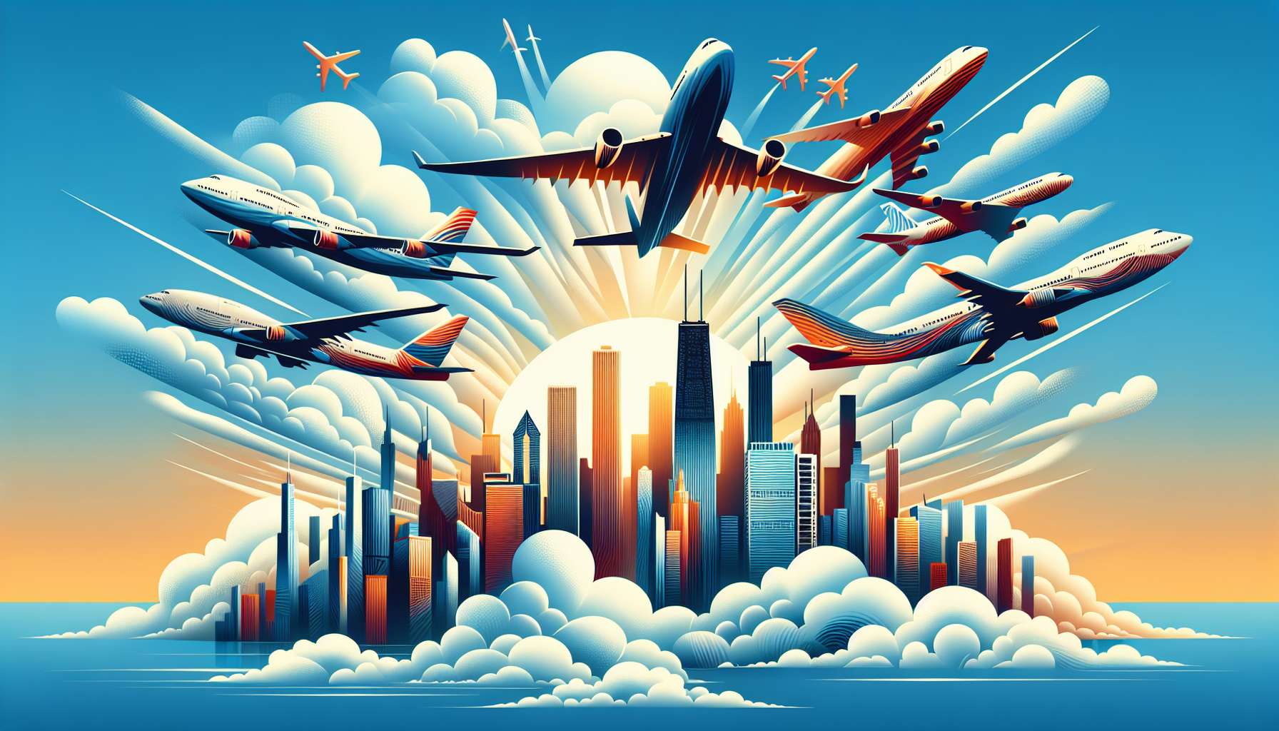 A cartoon showcasing major airlines flying from Boston to Chicago, featuring various airline logos in a blurred manner.