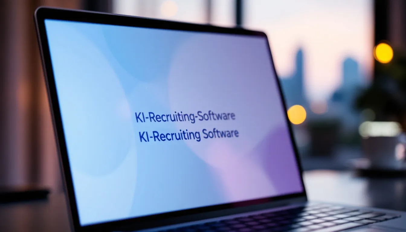 Artificial Intelligence: Ein Laptop-Bildschirm zeigt eine Benutzeroberfläche für KI-Recruiting-Software, die künstliche Intelligenz im Recruiting-Prozess nutzt, um die besten Kandidaten auszuwählen und die Effizienz des Recruiting-Teams zu verbessern. Die Darstellung umfasst Funktionen wie Job Matching und Screening von Bewerbern, die auf maschinellem Lernen basieren.