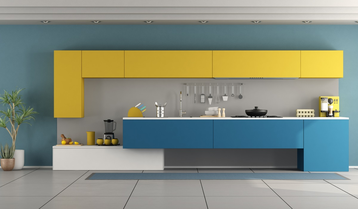 Kitchen Summer-Colours Makeover: Painting Your Kitchen Cabinets for Spring & Summer -  cabinetry colour ideas - bright yellow upper cabinets and teal blue lower cabinets