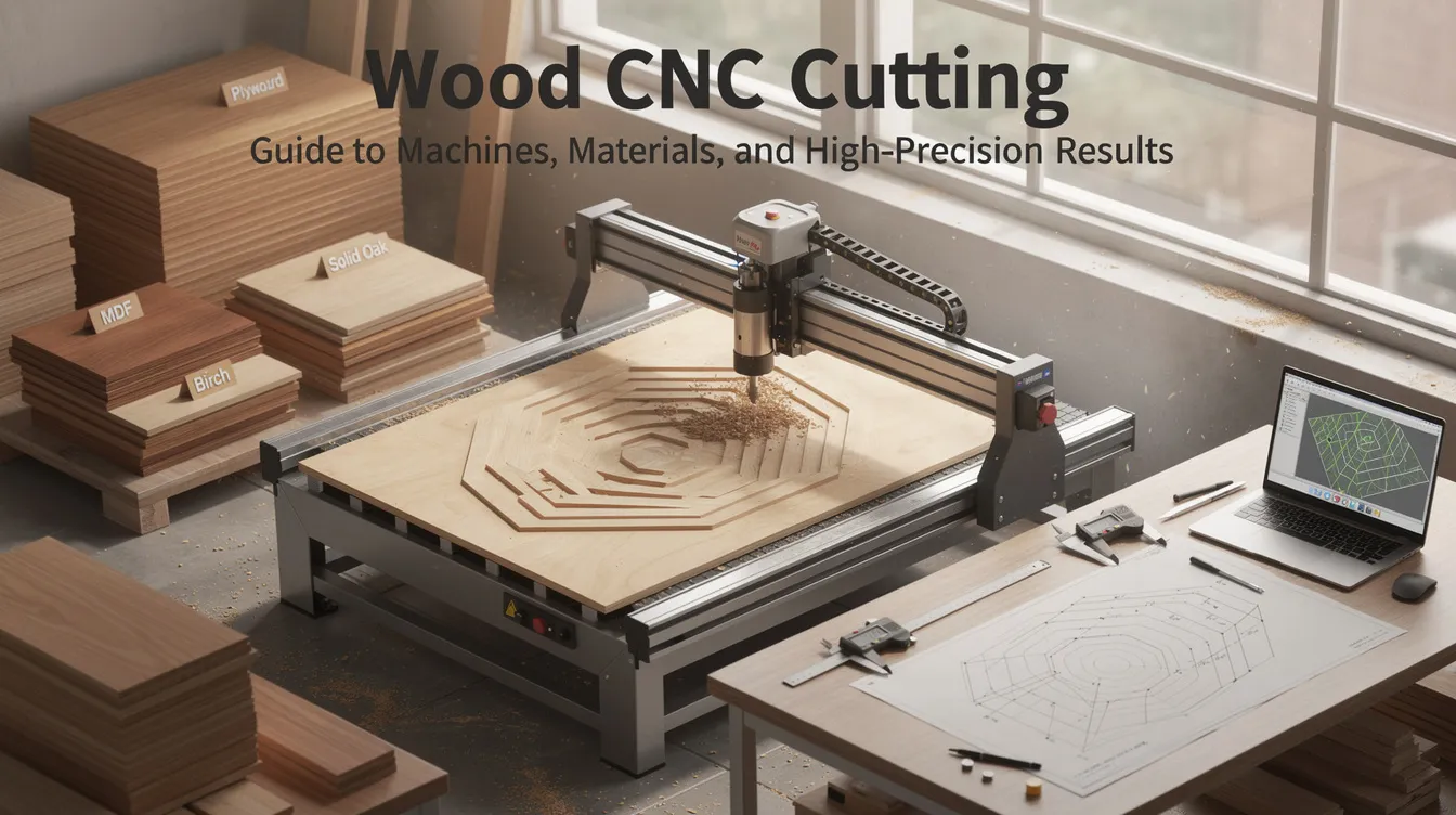 The image showcases a wood CNC machine in operation, demonstrating the precision of the manufacturing process as it cuts through various materials like plywood and MDF. The CNC router is equipped with a rotary device, highlighting its ability to create cleaner cuts and high-quality results for woodworking projects such as small signs and furniture.