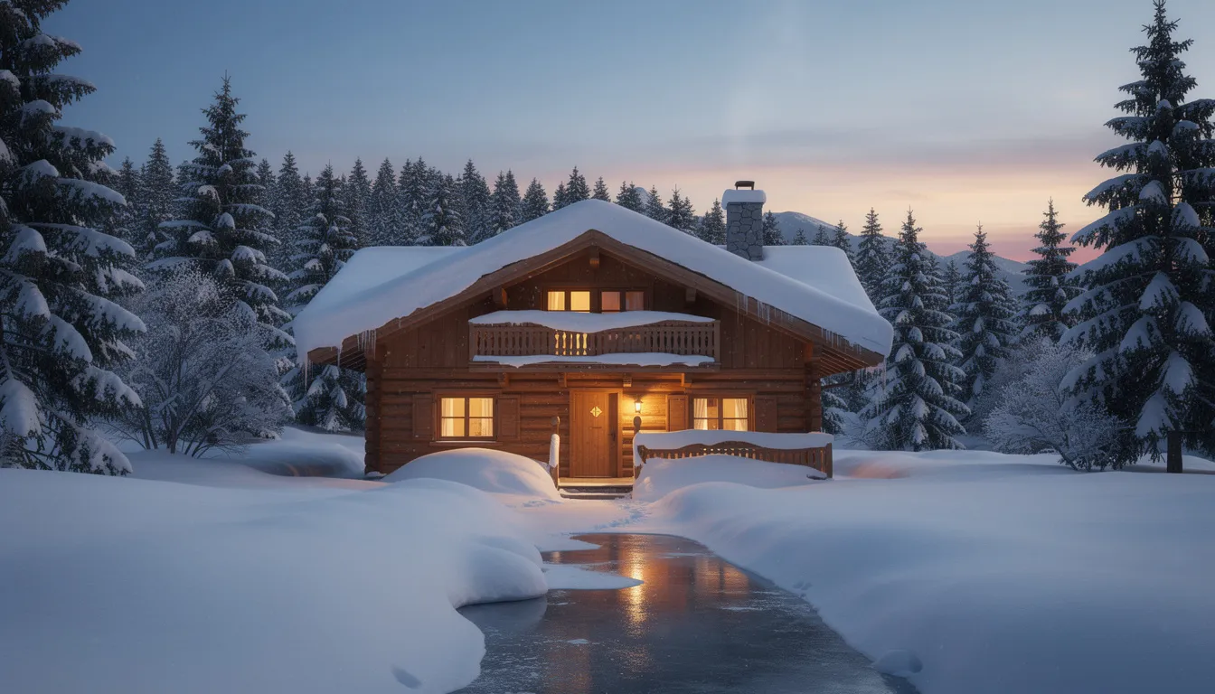 Ein gemütliches Alpenchalet, das mit einer dicken Schneeschicht bedeckt ist, strahlt warmes Licht aus seinen Fenstern und schafft eine einladende Atmosphäre in der Dämmerung. Dieses Bild vermittelt das Gefühl eines perfekten Winterurlaubs, ideal für Skifahren und après-ski Aktivitäten in den Bergen.
