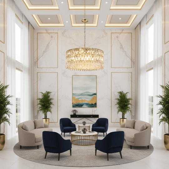 Elegant drum-style crystal chandelier suspended above a formal lounge with tall walls and soft gold accents.