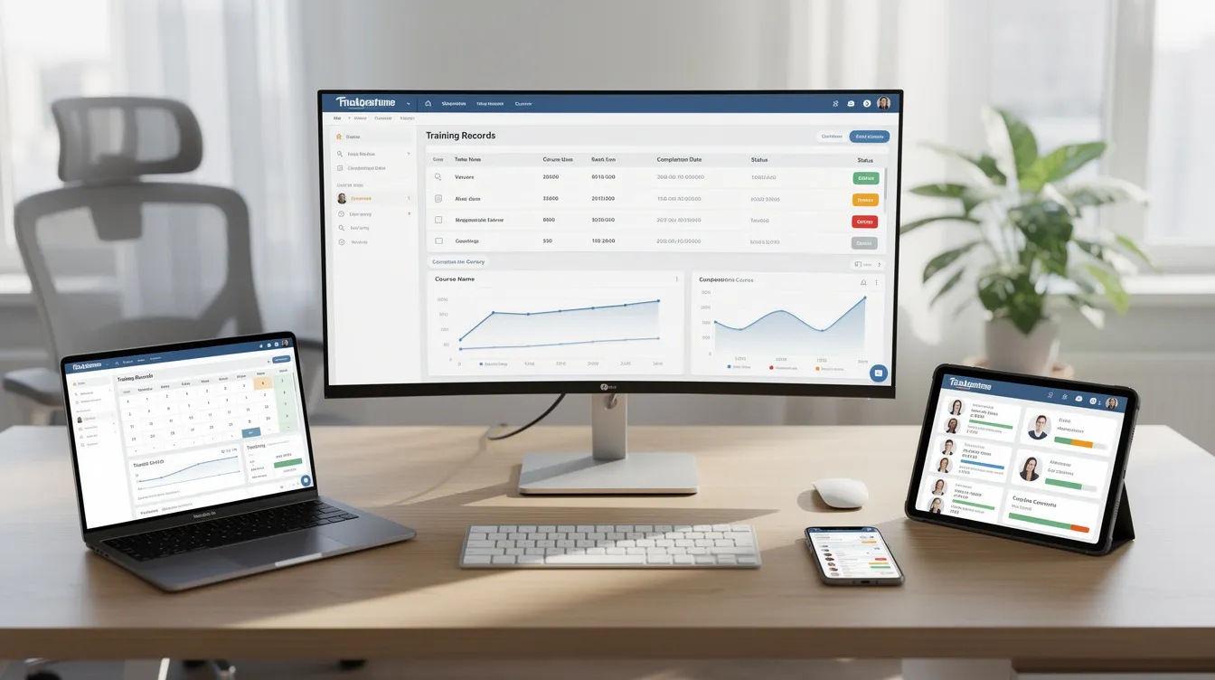 A modern digital workspace with devices displaying digital apprenticeship document management systems.