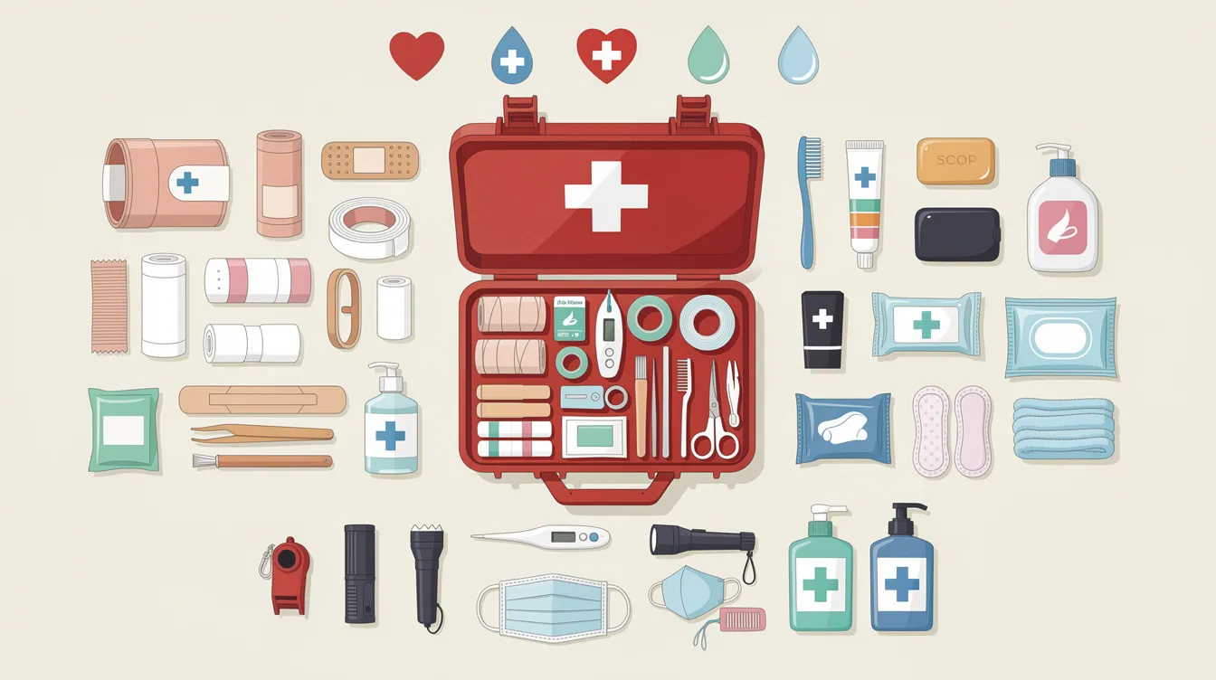 A comprehensive first aid kit, including medical supplies and personal hygiene items.