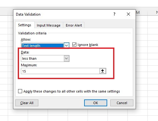 Enter the conditions in the data validation dialog box. Set the maximum value.