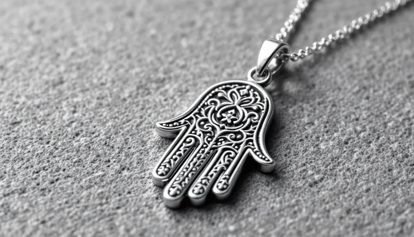 The image features beautifully handcrafted sterling silver hamsa hand jewellery, showcasing a delicate hamsa hand necklace adorned with intricate details. This meaningful jewellery piece symbolizes protection and good fortune, making it a perfect gift for those seeking positivity and blessings in their lives.
